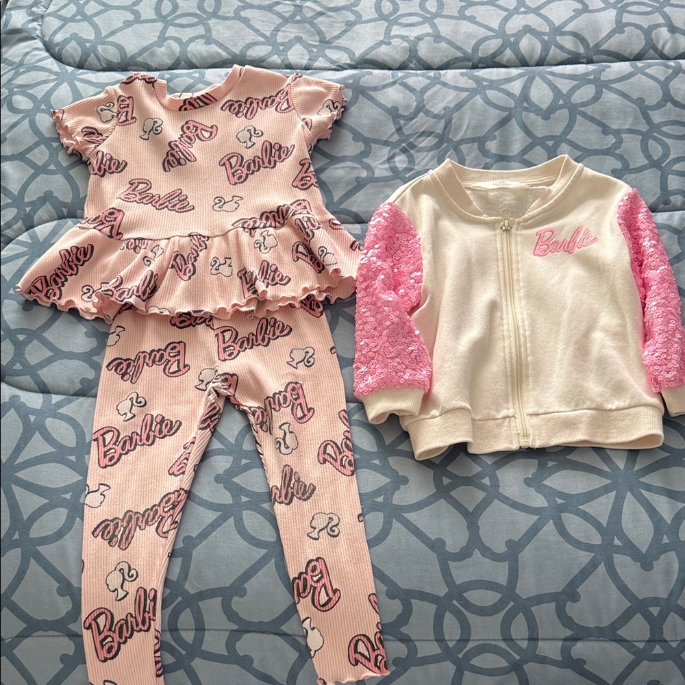 Barbie Pink Script Peplum Top, Leggings & Cream Jacket with Pink Sequin Sleeves